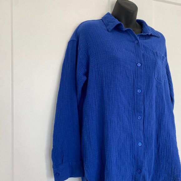 Rachel Roy Comfy Blue Crinkle Cotton Button-up Casual Top Women's Size Large - Picture 3 of 7